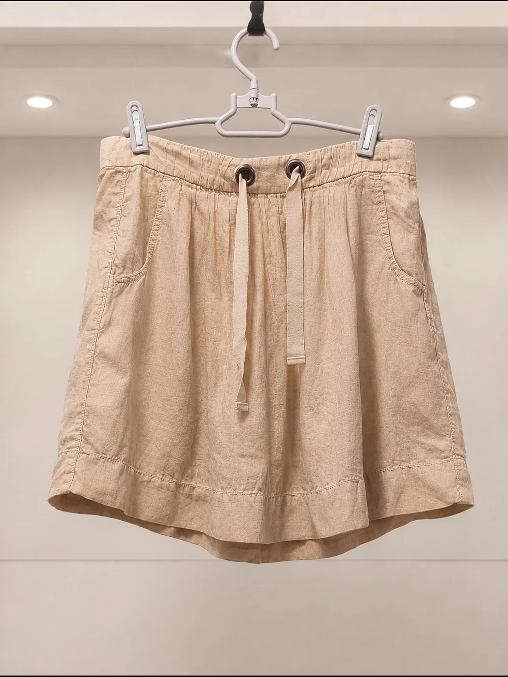 100% Linen Tan Drawstring Elastic Waist Mini Skirt
